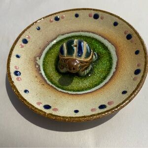Handmade Ceramic Stone Turtle Dish on Green Crackle Glass. New. Made in Israel.